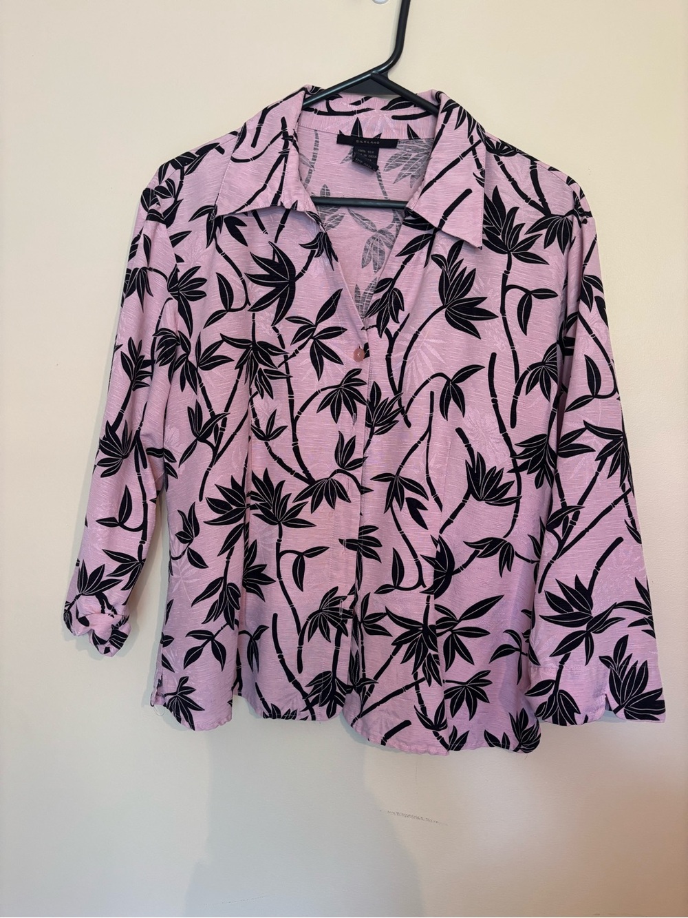 SilkLand Pink Button-Down Shirt with Black Floral Print